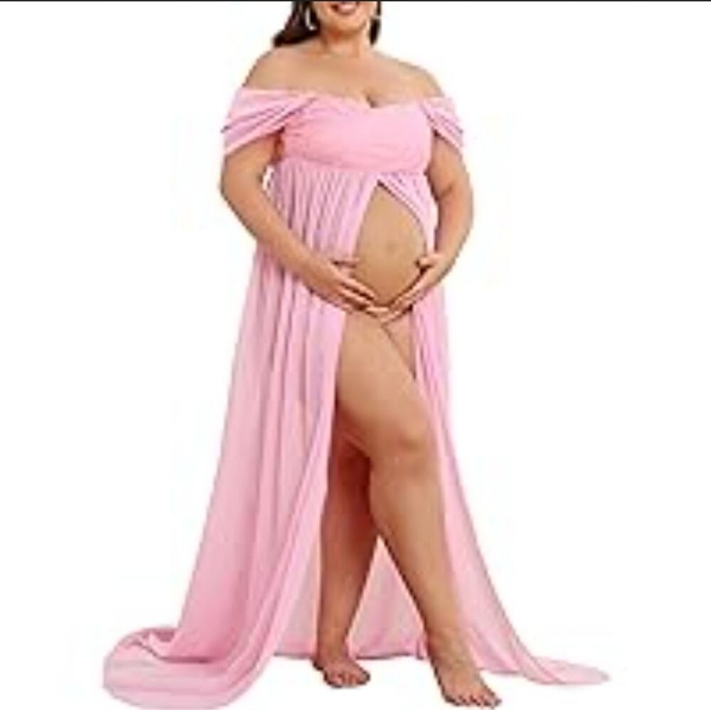 Pink Off-Shoulder Photoshoot Split  Front Chiffon Maternity Gown